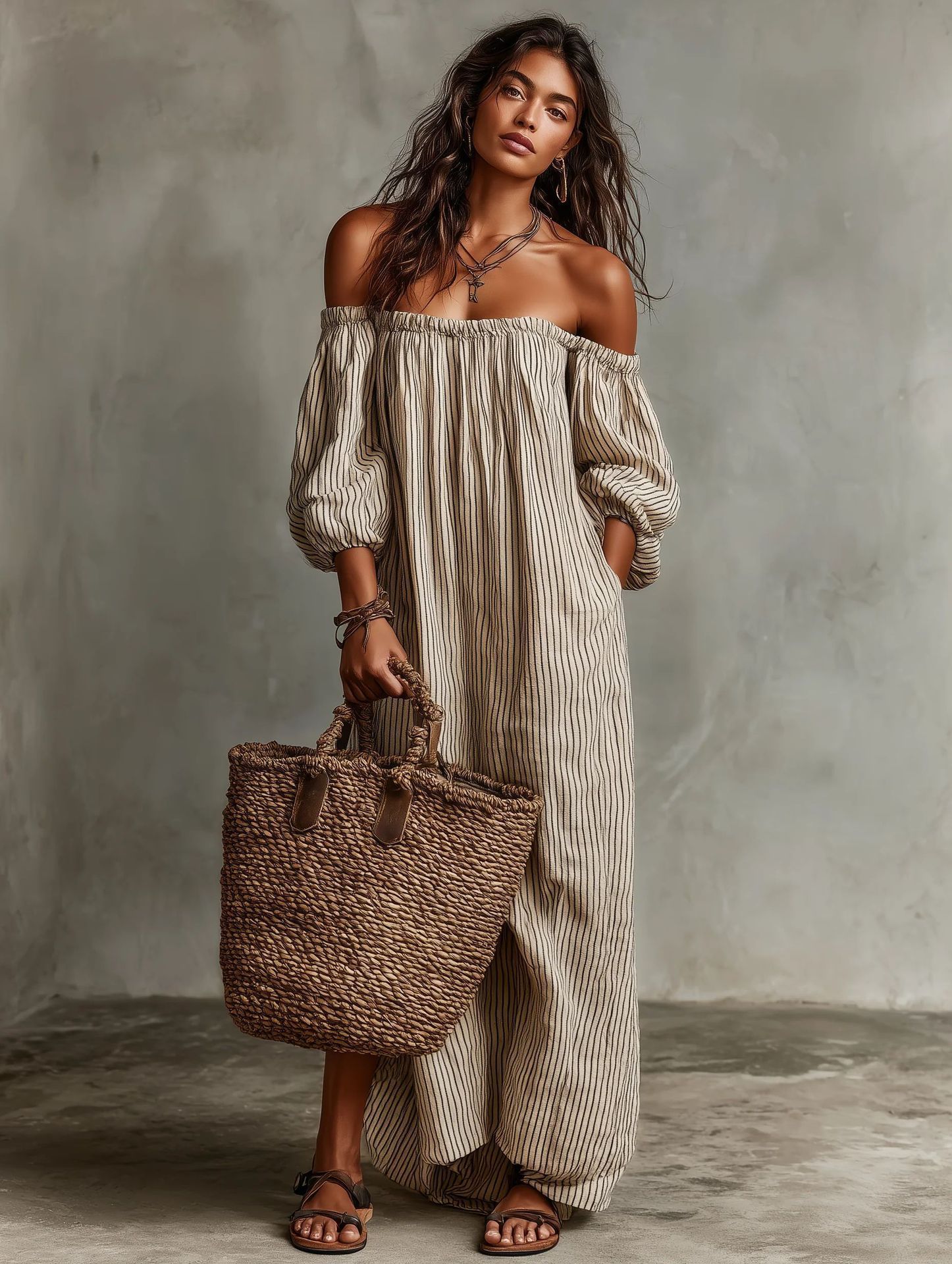 Striped Off-Shoulder A-Line Midi Dress Puff Sleeve