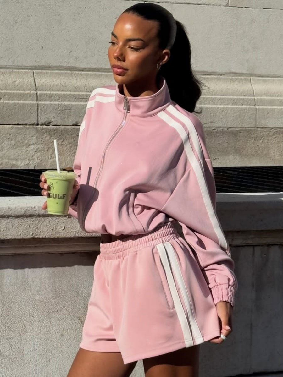 Side-Stripe Track Shorts Set with Zip-Up Loose Jacket and High-Waist Shorts
