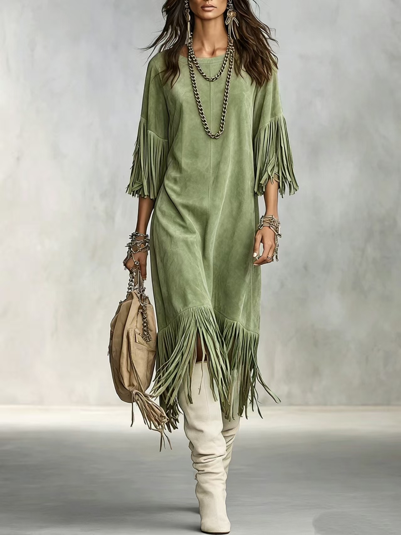 Bohemian Fringe Crewneck Drop Shoulder Dress