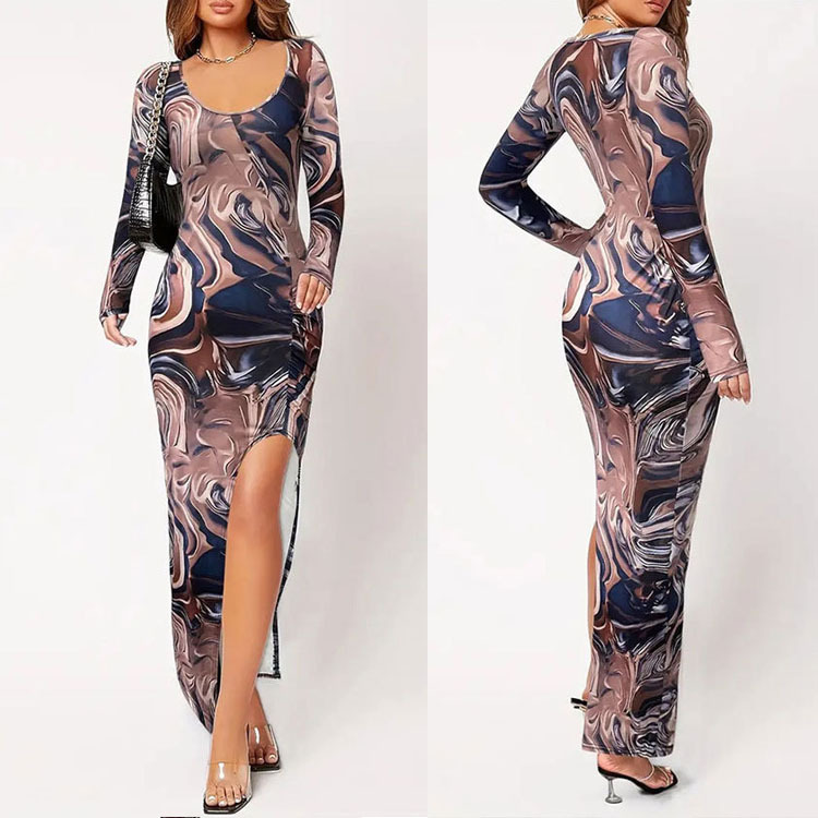 Women's Zebra Print Long Sleeve Bodycon Split Dress