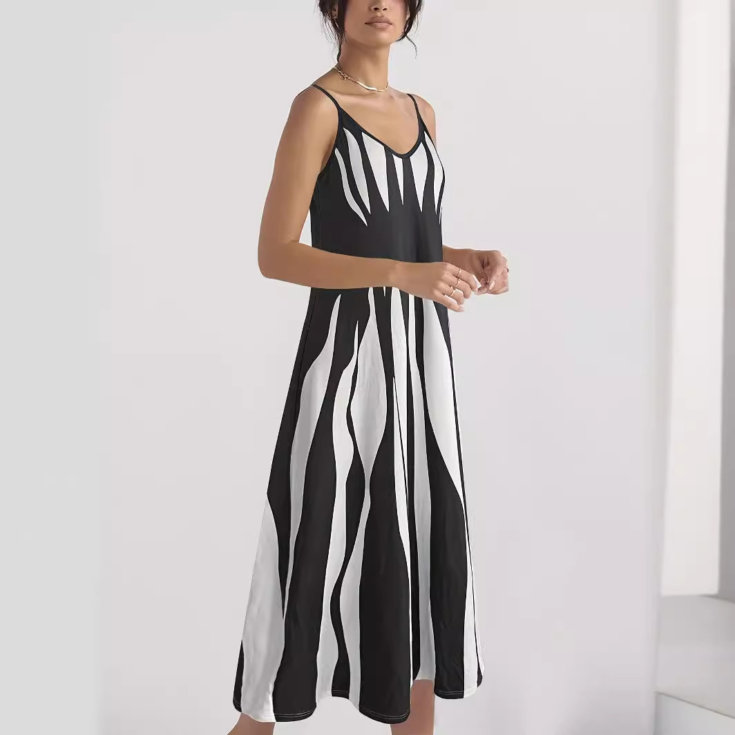Women's Sleeveless V-Neck Printed Maxi Dress Casual Spaghetti Strap Long Dress