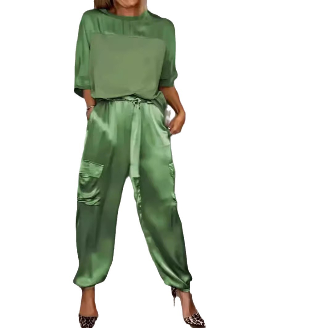 Women's Smooth Satin Half-Sleeve Top and Pants Two-Piece Set