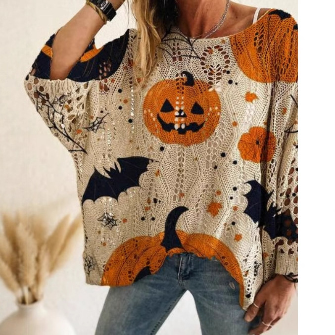 Halloween Pumpkin Crewneck Loose Fit Long Sleeve Sweater Top