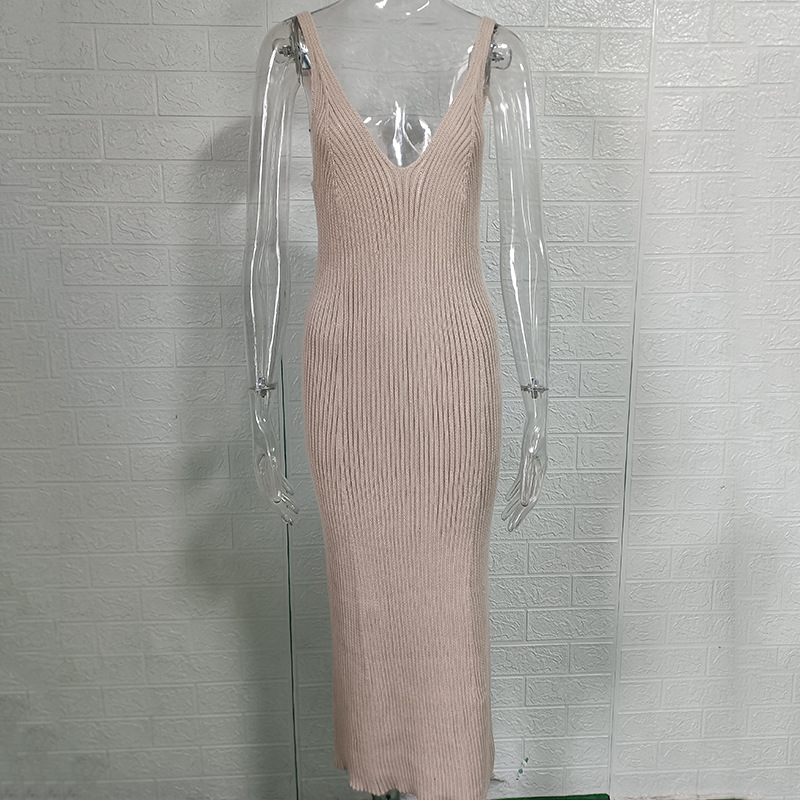 Women's Ribbed Knit Bodycon Midi Dress with V-Neck Spaghetti Straps