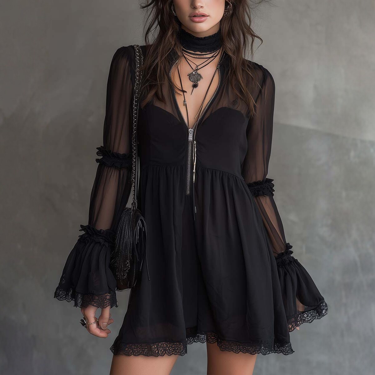 Black Lace Panel Long Sleeve Bodycon Mini Dress