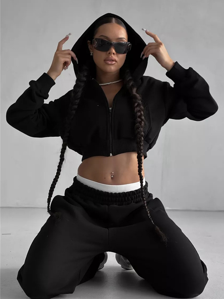 Sexy Cropped Hooded Cardigan and Pants Set Long Sleeve