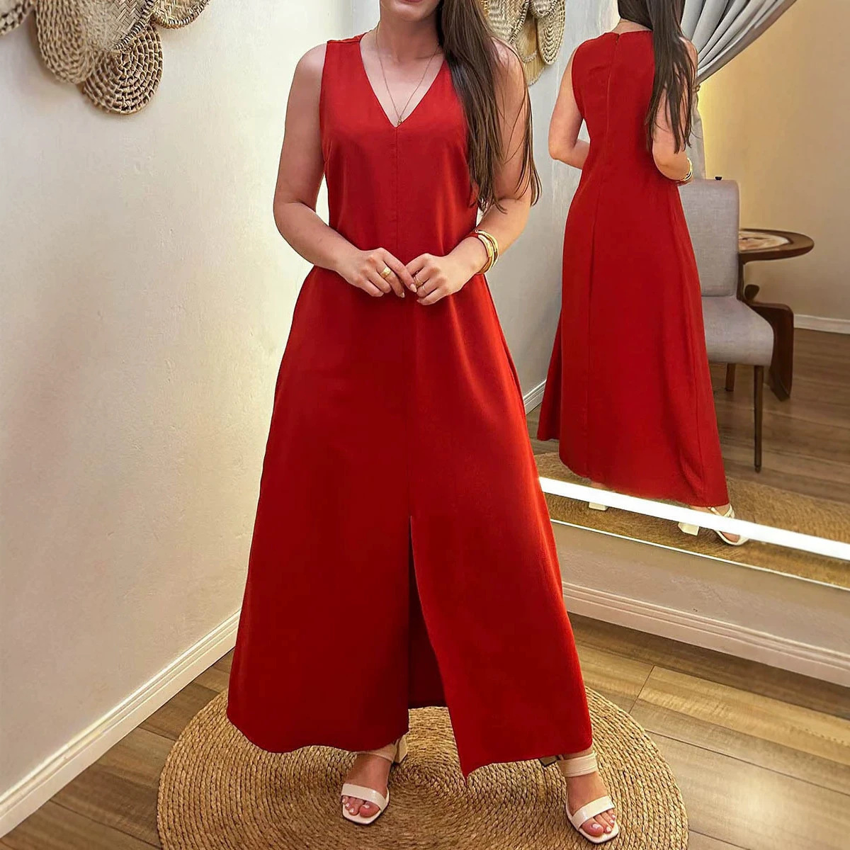 Women's Solid V-Neck Sleeveless Loose Cotton-Linen Maxi Dress