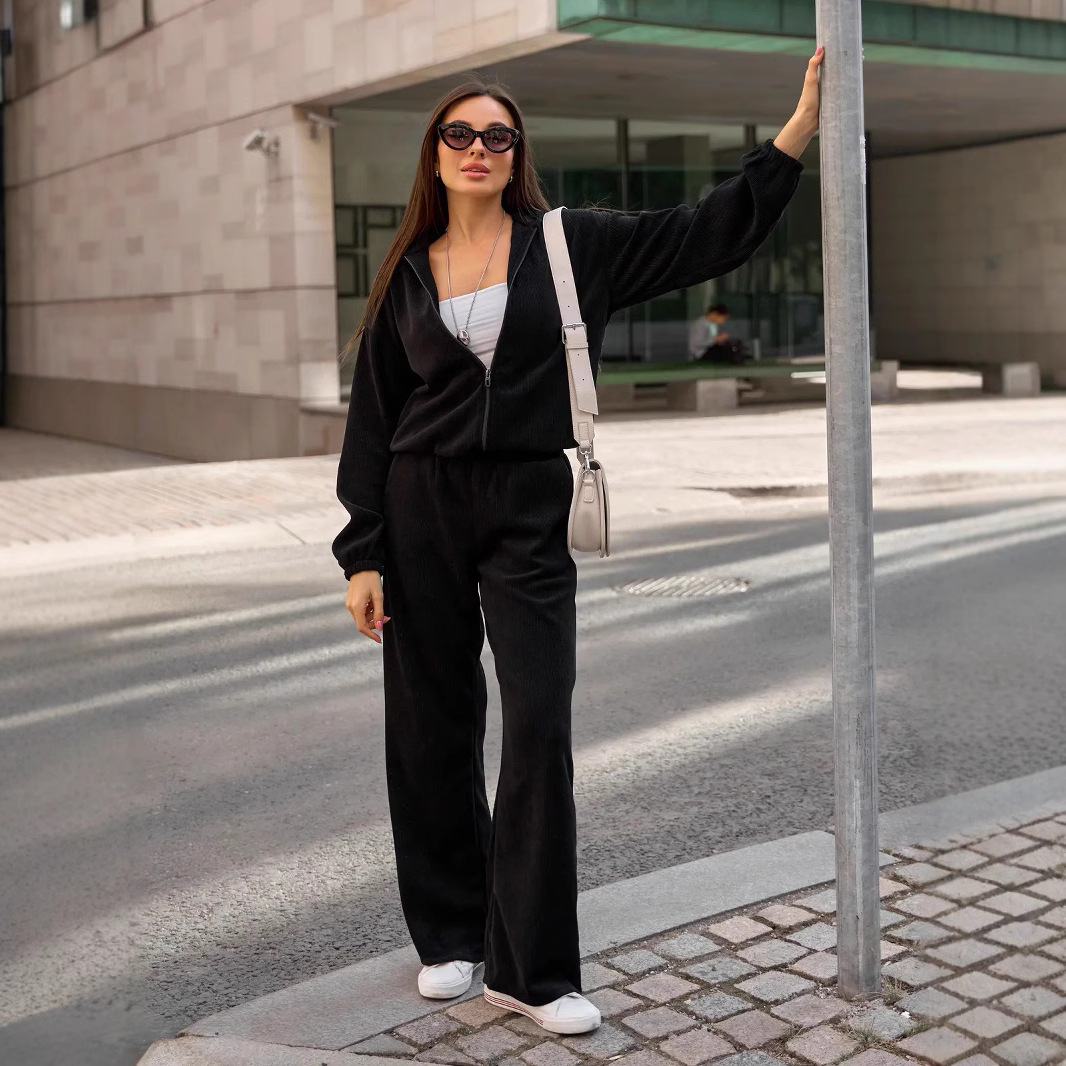 Women's Solid Color Long Sleeve Hooded Cardigan Sweatshirt and Wide-Leg Pants Set