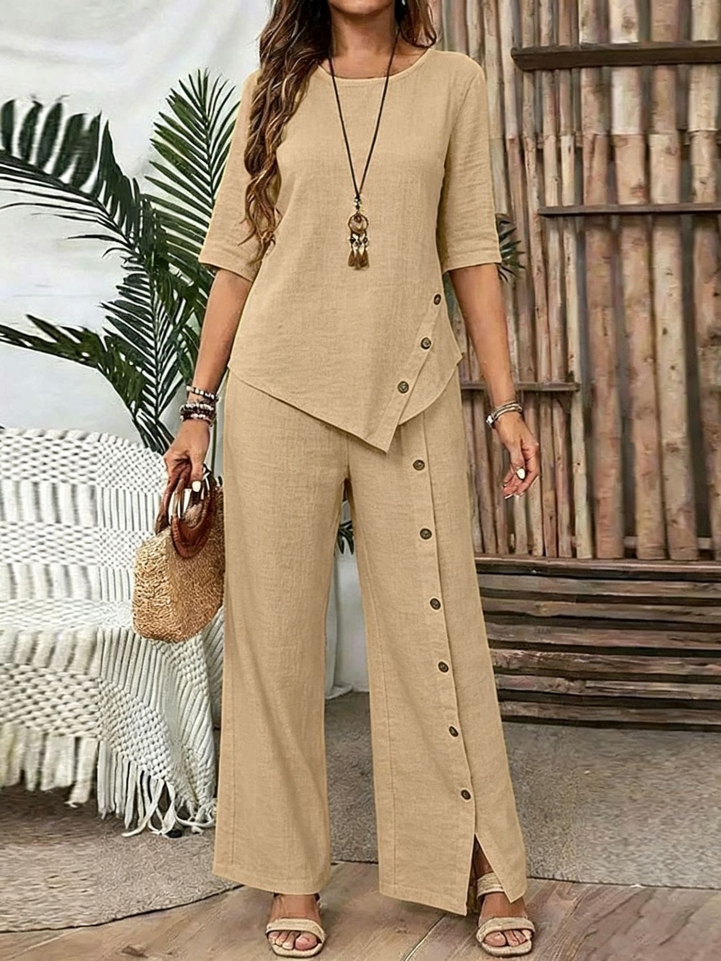 Women's Asymmetrical Hem Button Half-Sleeve Shirt and Pants Set