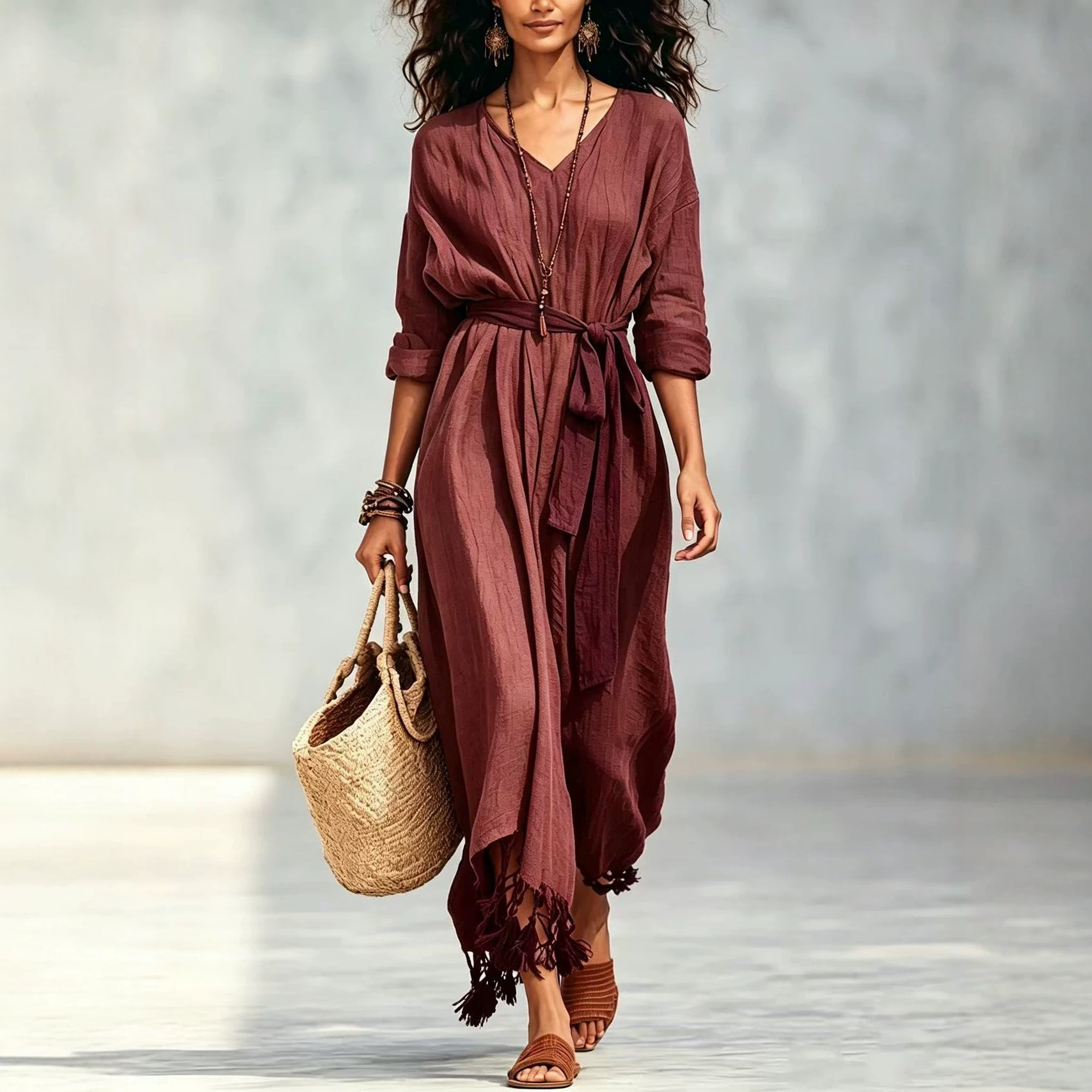Boho V-Neck Tie-Front Fringe Hem Midi Dress