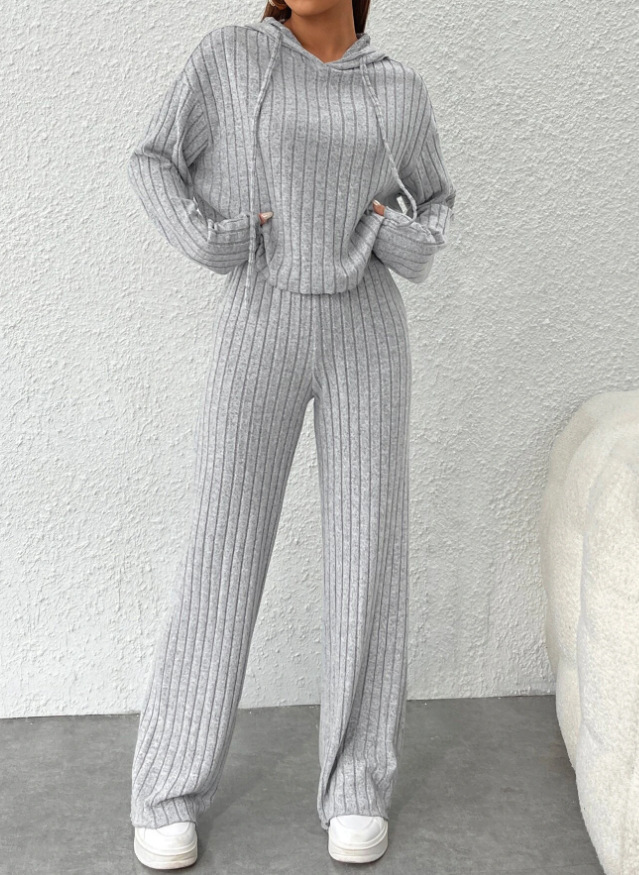 Women's Casual Knit Hoodie and Straight-Leg Pants Two-Piece Set
