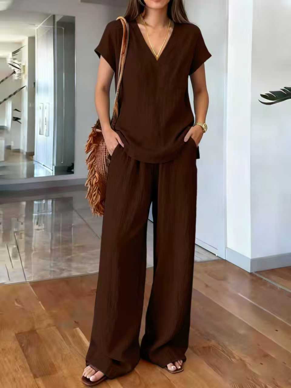 Women's V-Neck Short Sleeve Top & Wide Leg Pants Set