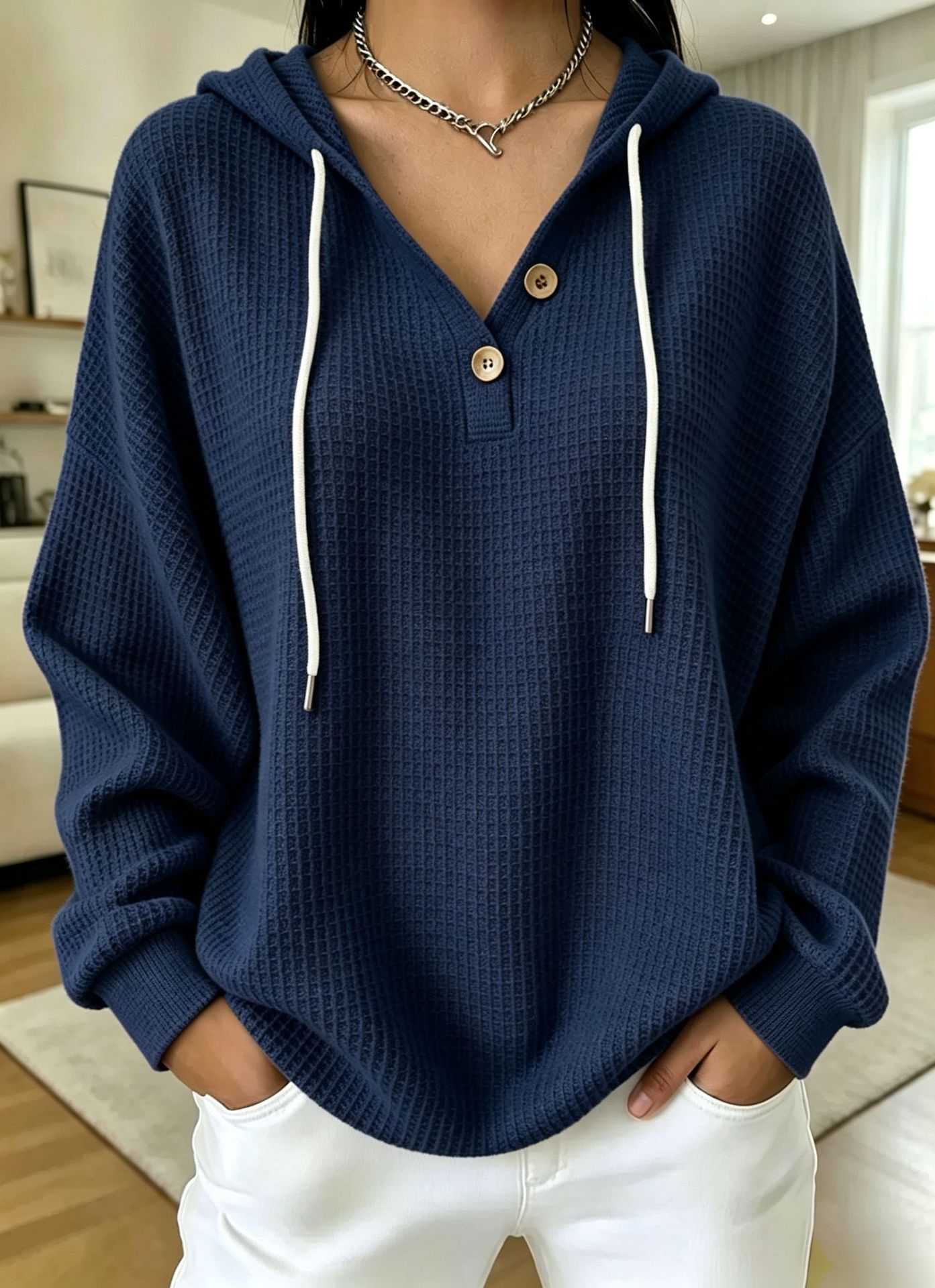Women's Waffle Knit Drawstring Hoodie Oversized Pullover