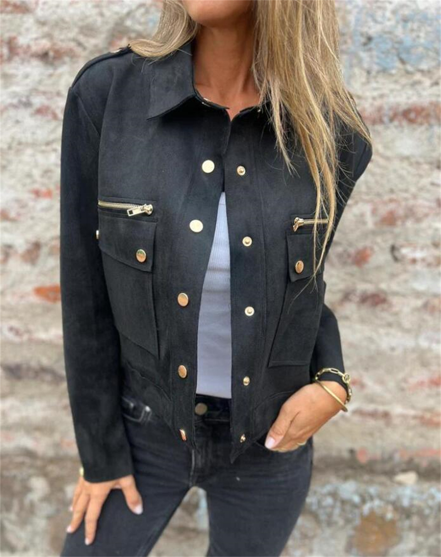 Suede Jacket with Lapel Collar and Metallic Zip