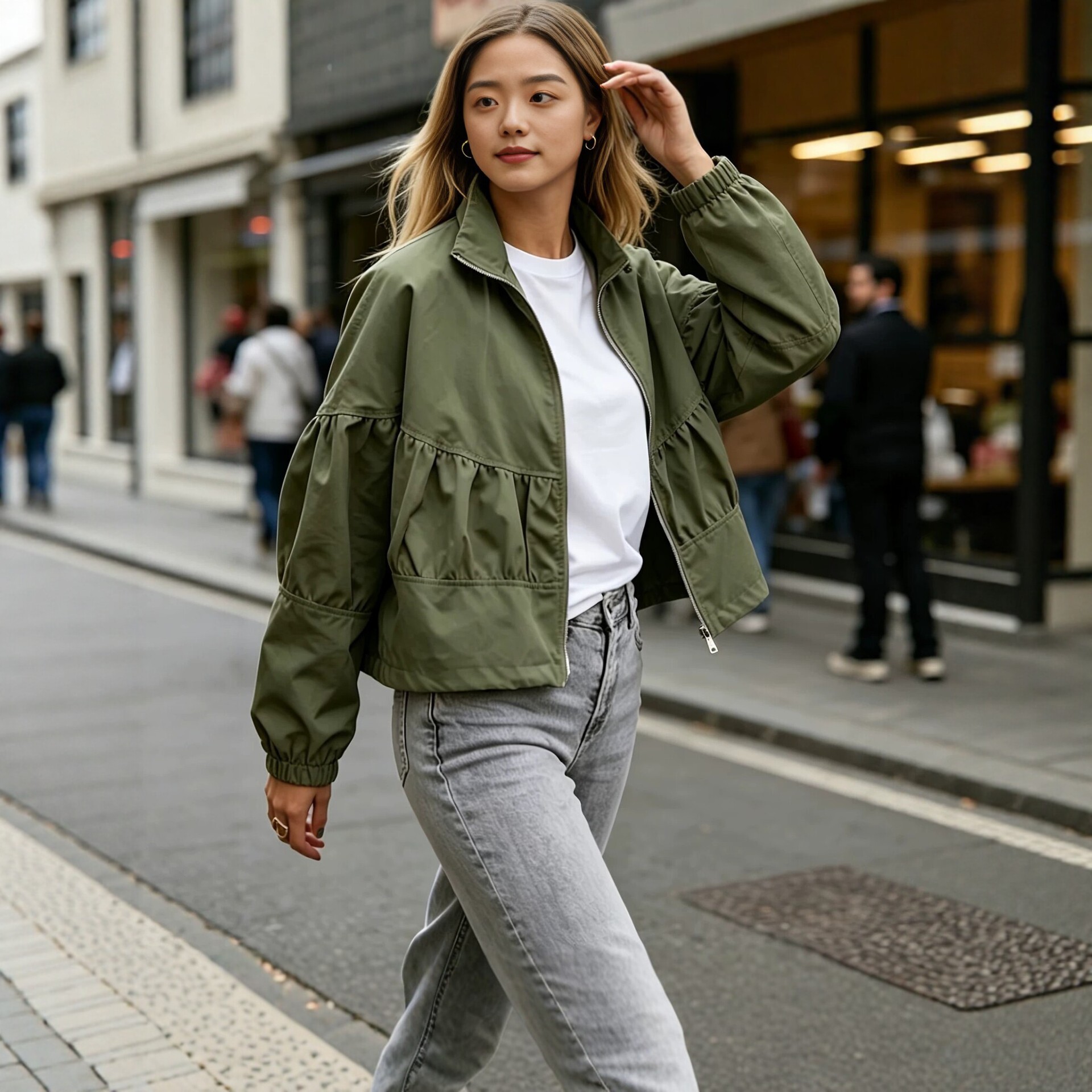Women's Cropped Utility Jacket with Stand Collar and Lantern Sleeves