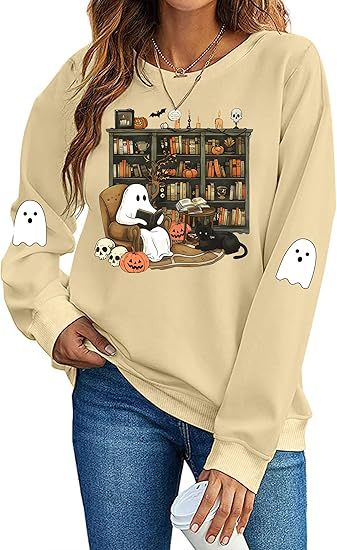 Women's Halloween Ghost Pumpkin Bat Print Crewneck Sweatshirt