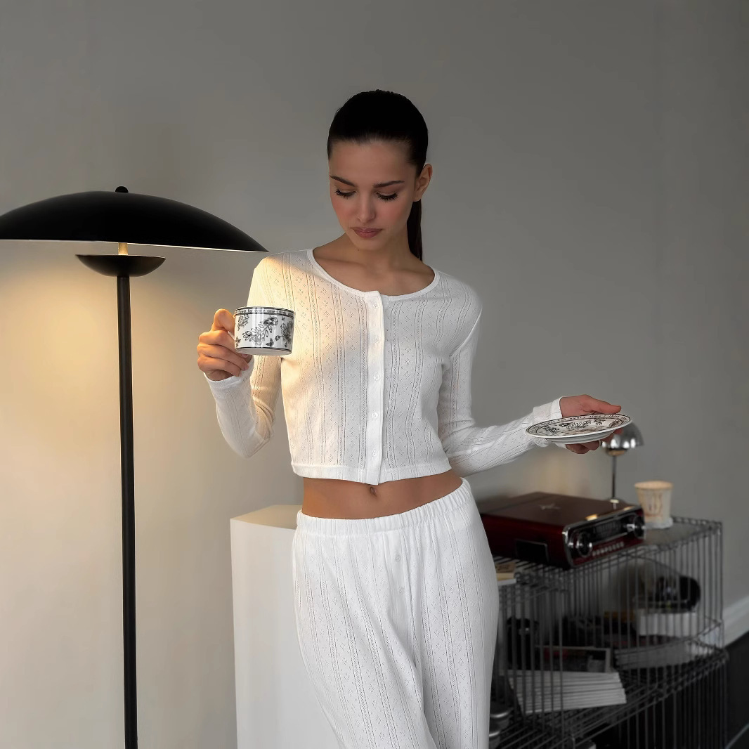 Women's Long Sleeve Long Pants Pajama Set with Cutout Detail