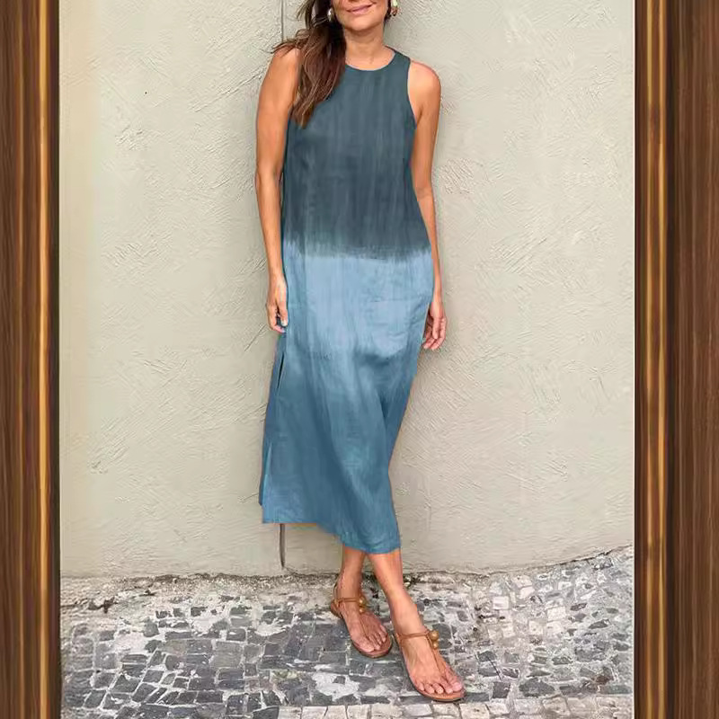 Women's Sleeveless Cotton Linen Gradient Dress Casual Split A-Line Midi