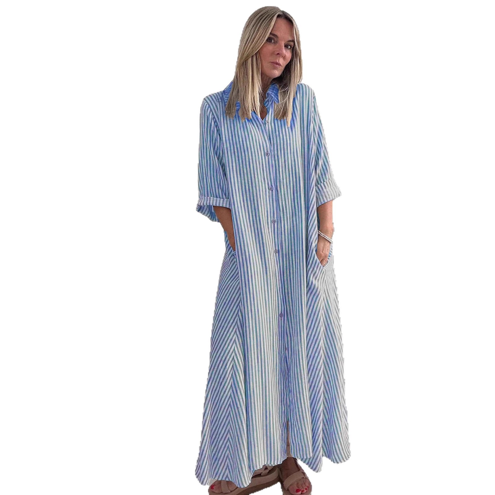 Striped Collared Midi Dress with Three-Quarter Sleeves and Button Front