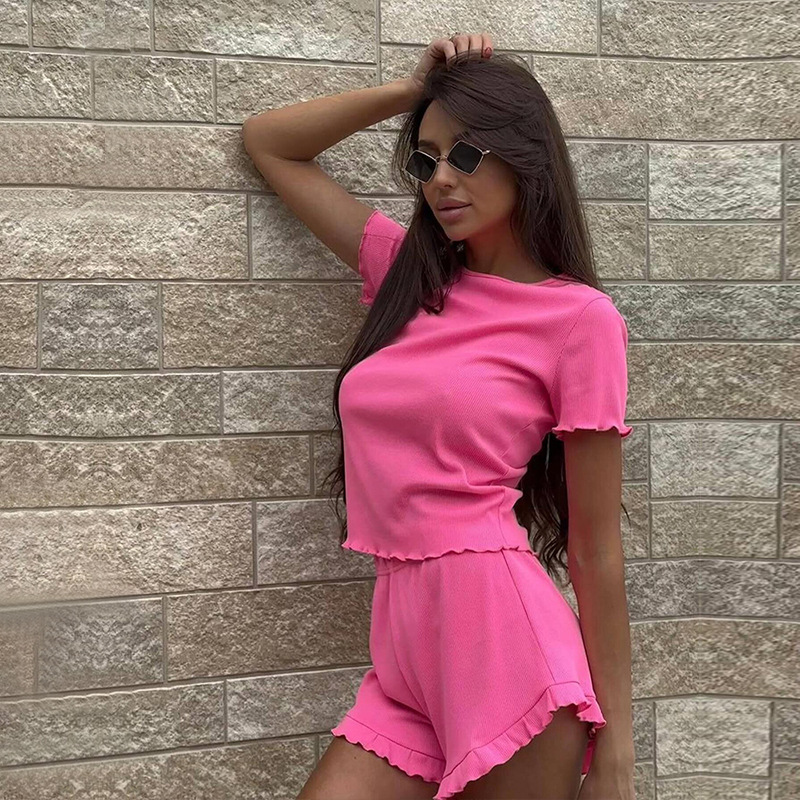 Women's Ribbed Ruffle Short Sleeve Lounge Set with Shorts