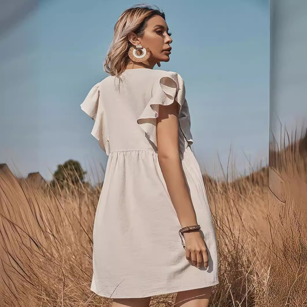 V-Neck A-Line Cinched Waist Midi Dress with Ruffle Sleeves