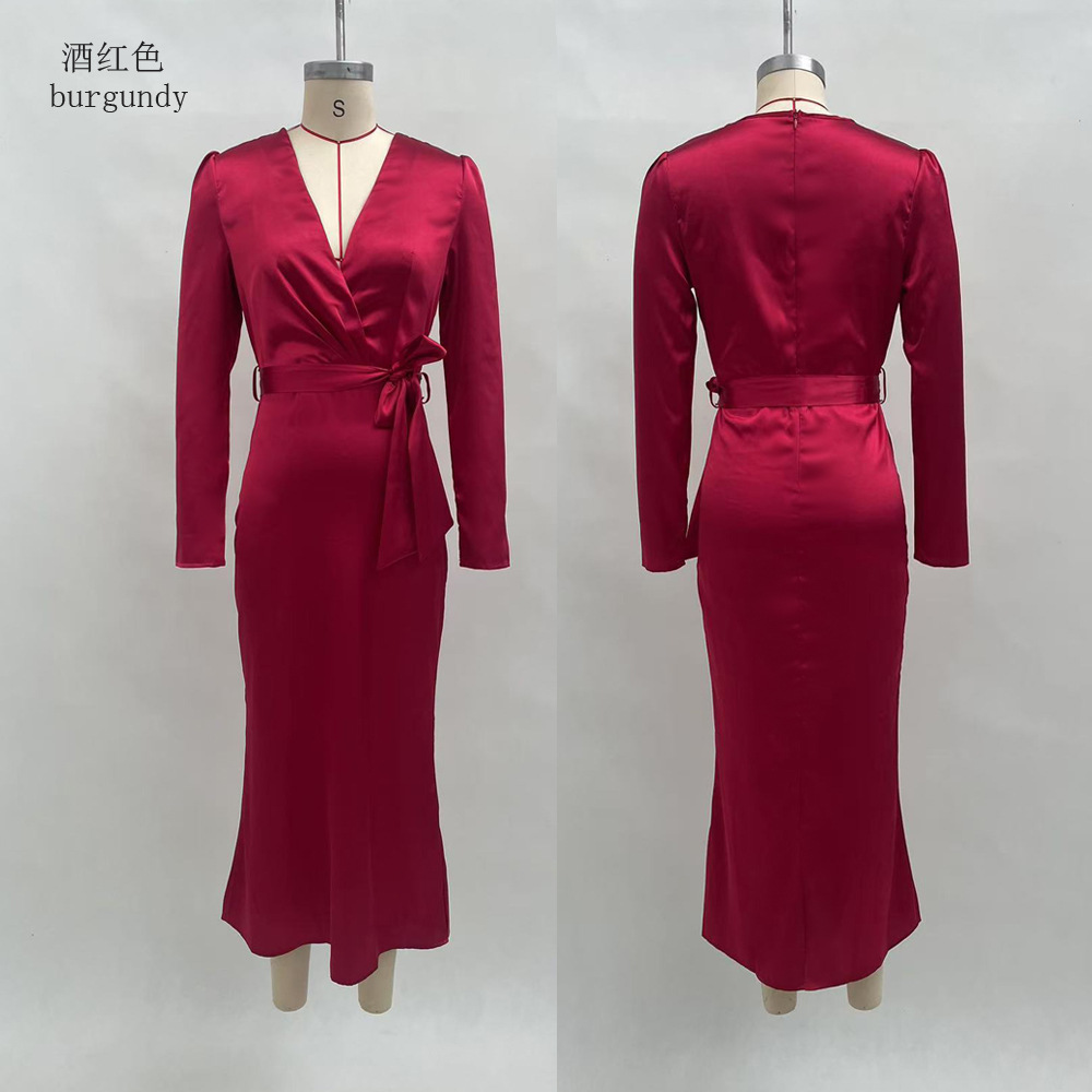 Women's Slim Fit V-Neck High Waist Tie Long Dress