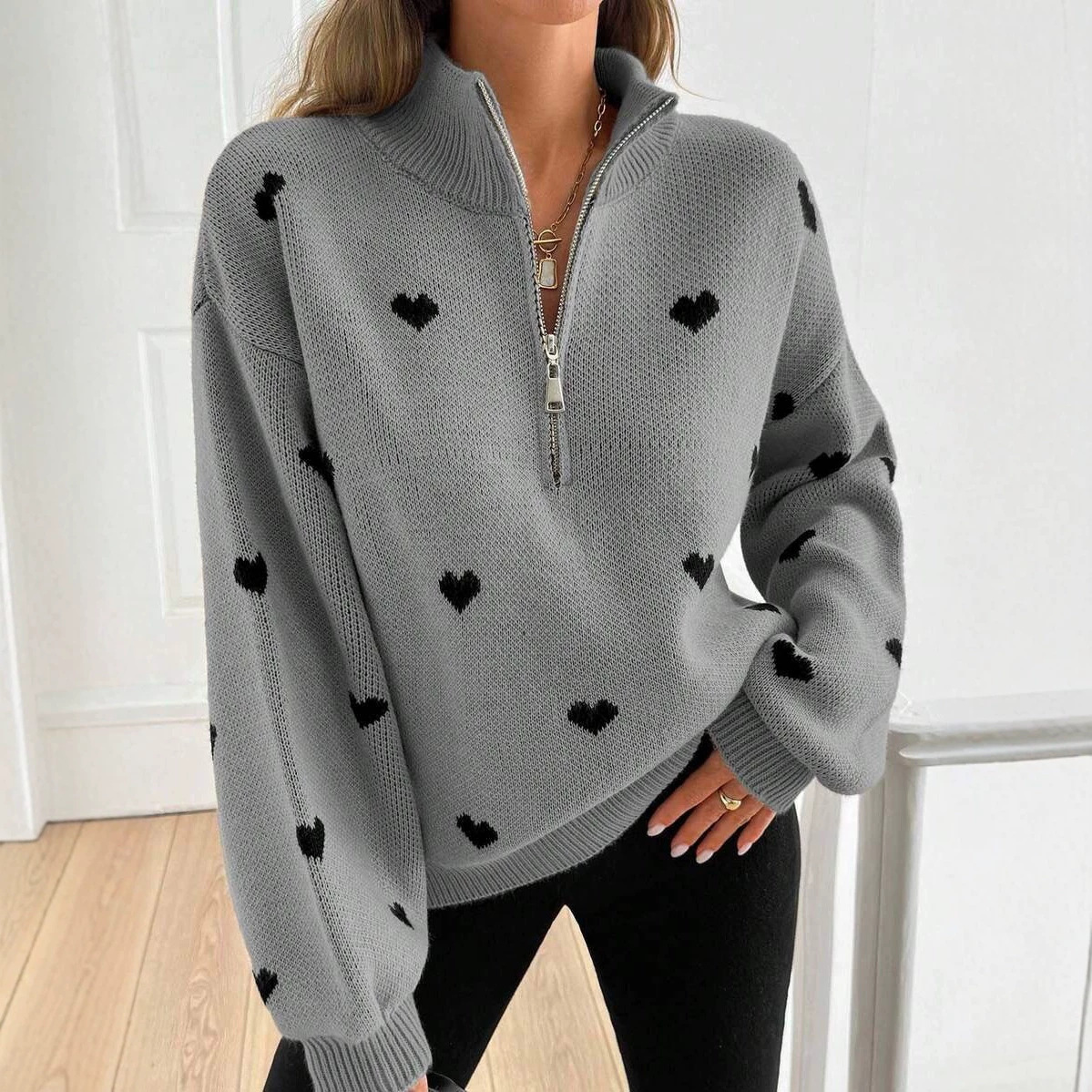 Women's Heart Pattern Half-Zip Knit Sweater Long Sleeve Turtleneck