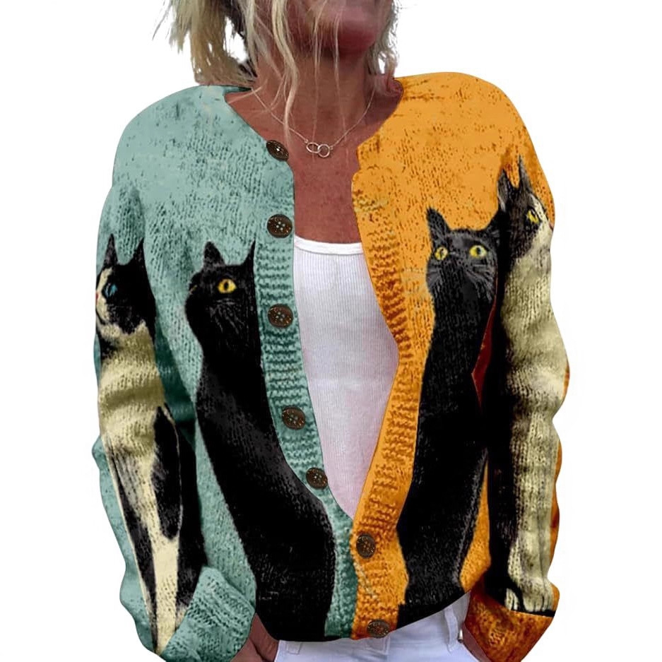 Women's Animal Pumpkin Maple Leaf Print Button Cardigan