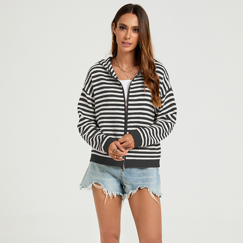 Striped Hooded Zip-Up Knit Cardigan