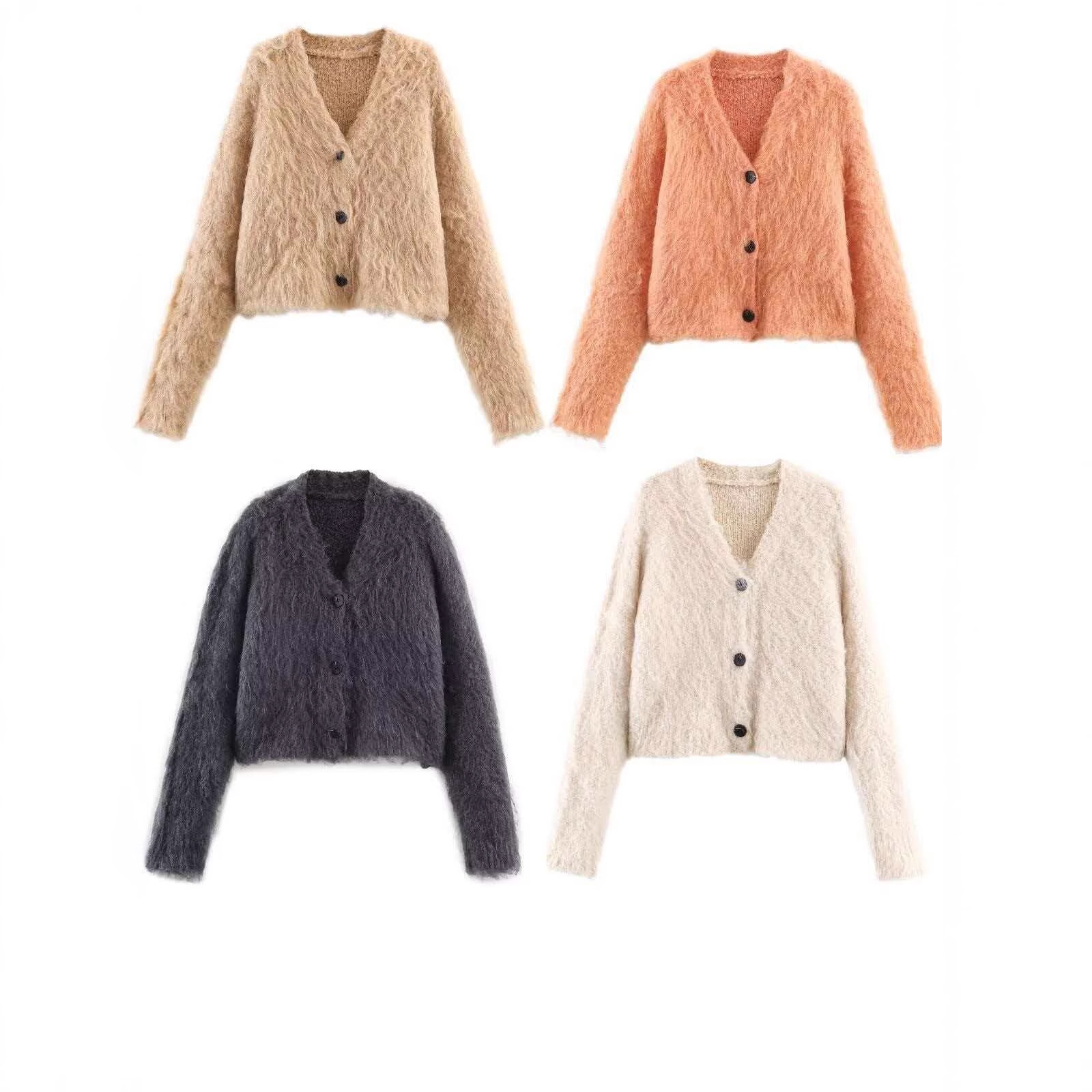 Fuzzy V-Neck Knit Cardigan Sweater