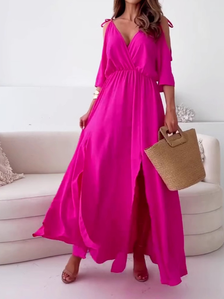 Solid Color Off-Shoulder V-Neck Cinched Waist A-Line Midi Dress with Five-Quarter Sleeves