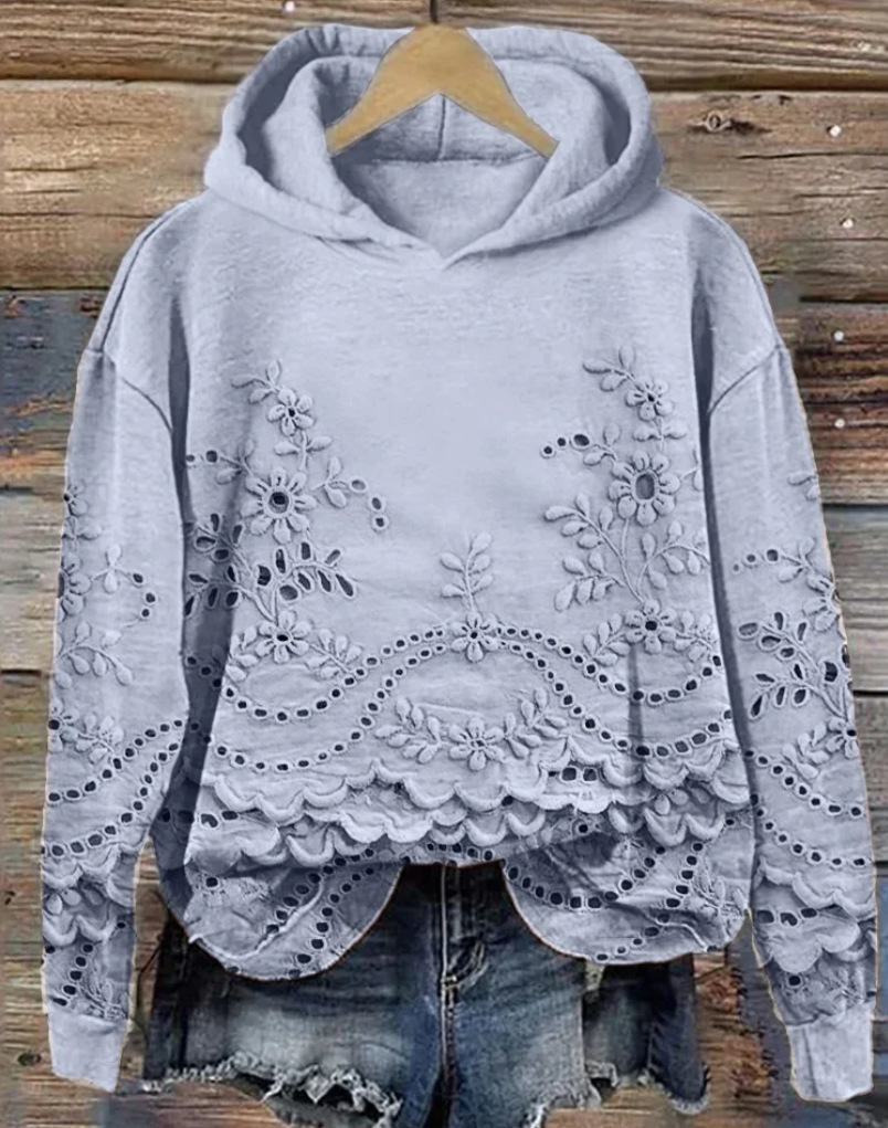 Women's Floral Print Hooded Sweatshirt Solid Color Pullover