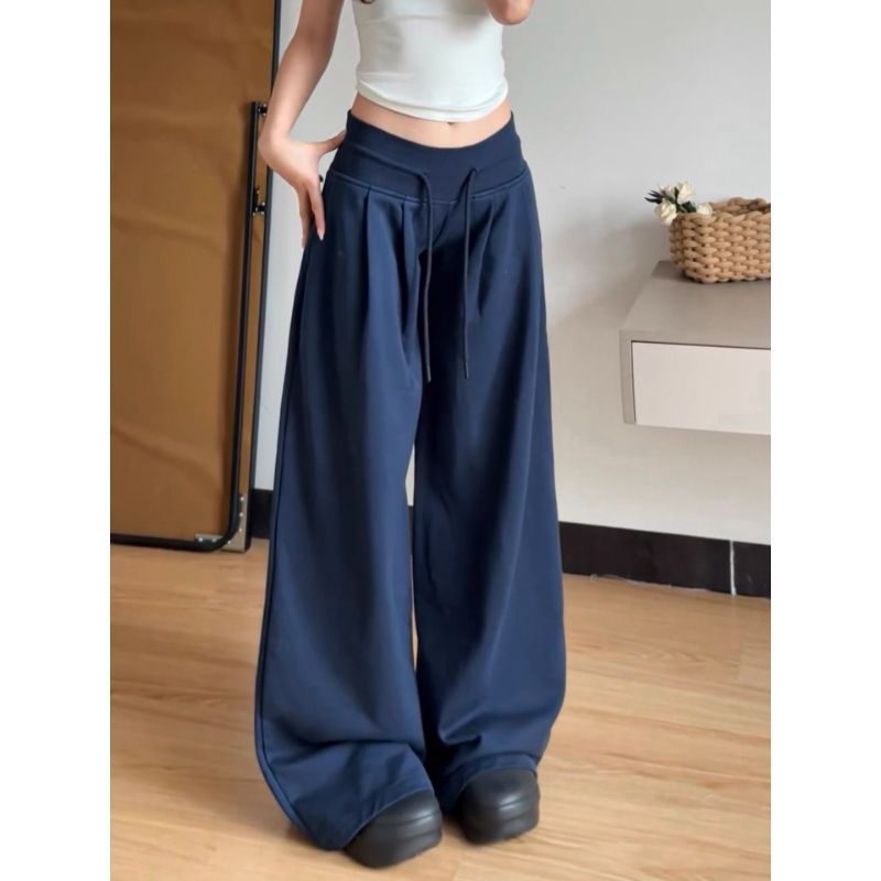 Women's American Retro Wide-Leg Sweatpants Loose Straight Navy