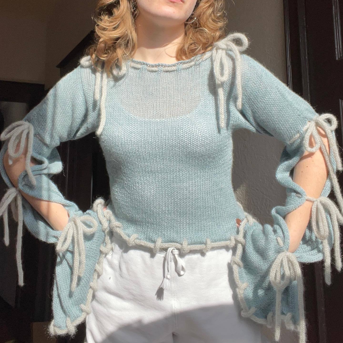 Colorblock Lace-Up Sweater with Bell Sleeves