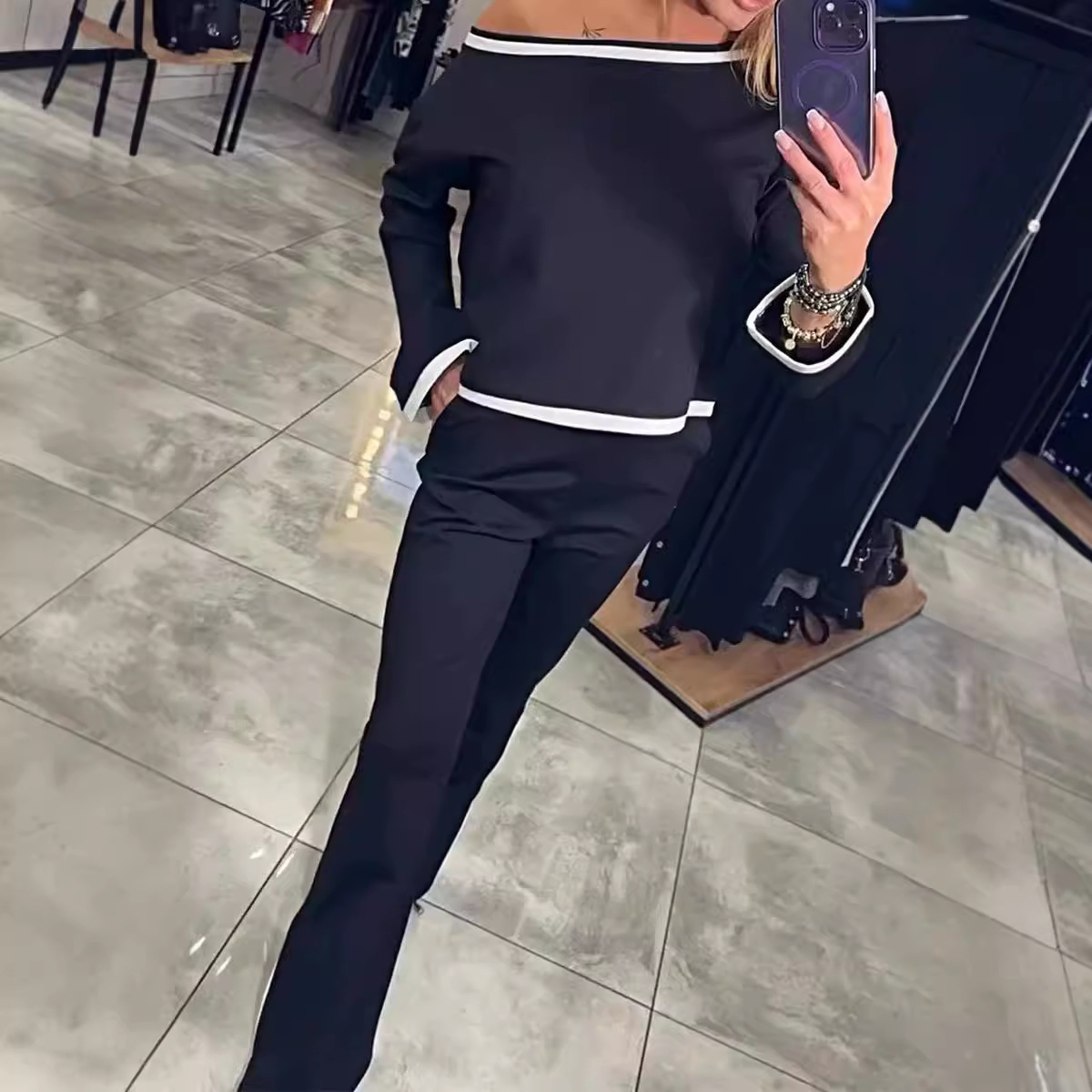 Women's Casual Color-Block One-Shoulder Long-Sleeve Two-Piece Set