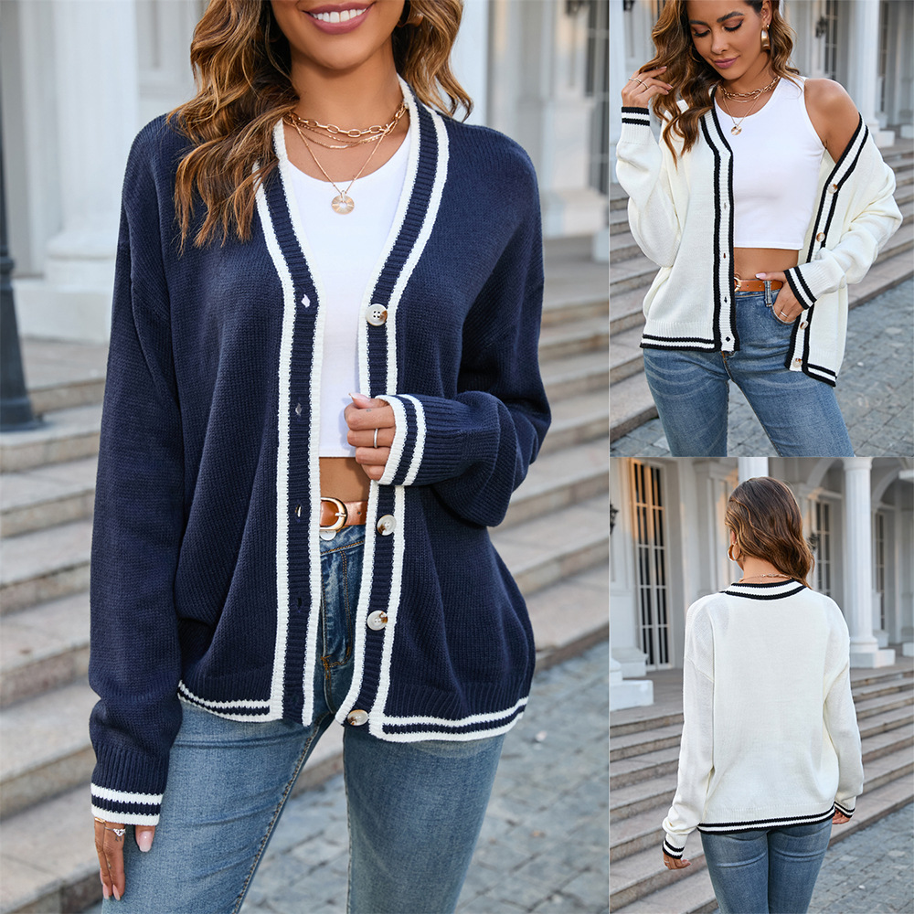 Women's Color-Block Button Knit Cardigan V-Neck Long Sleeve