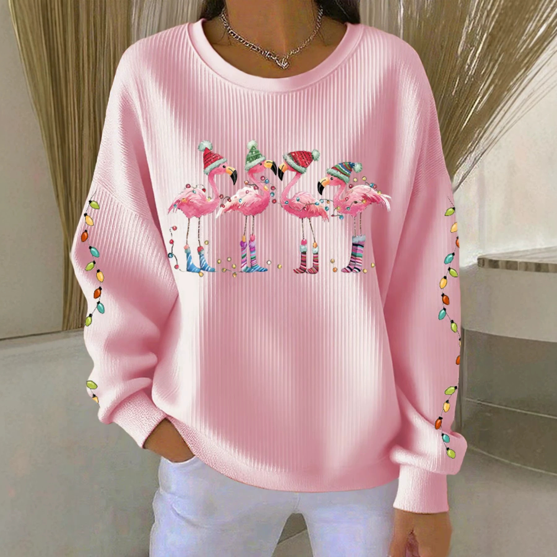 Flamingo Print Crewneck Long Sleeve Pullover Sweatshirt
