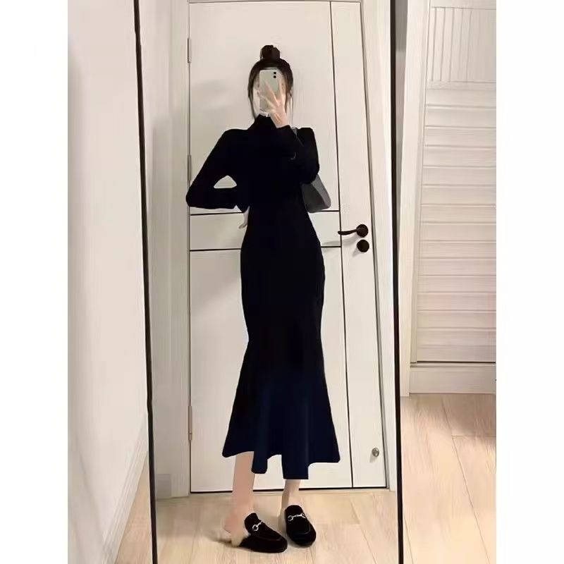 Black Half-Turtleneck Mermaid Dress with Waist-Cinching Fit