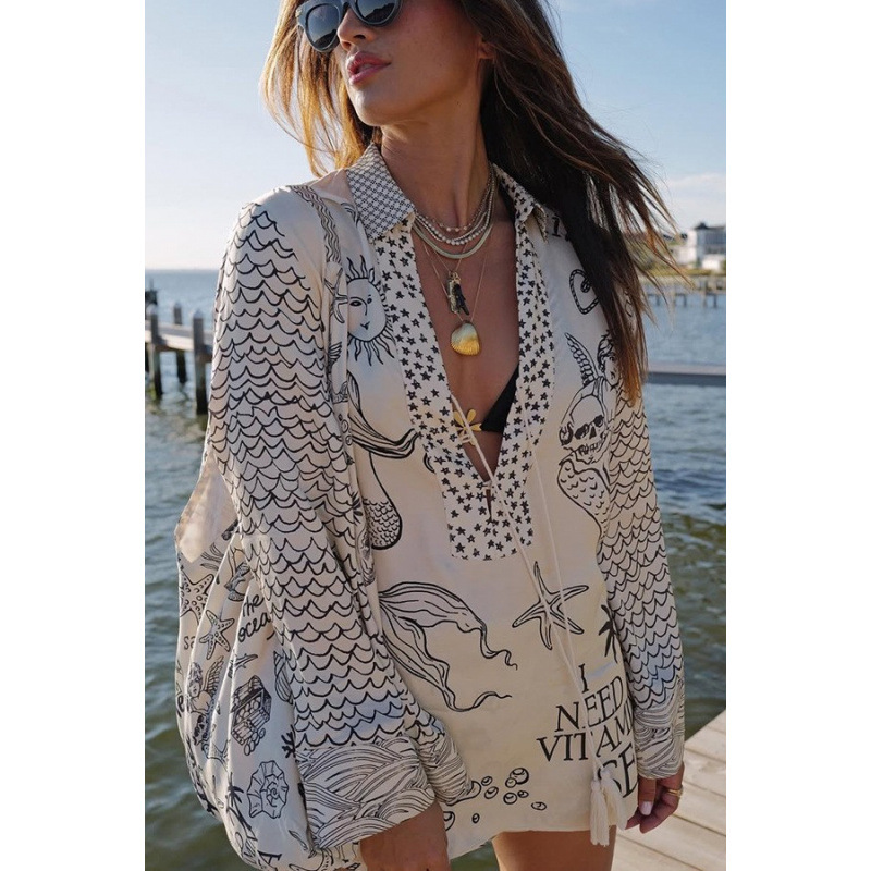 Printed Low-Neck Long-Sleeve Shorts Two-Piece Set