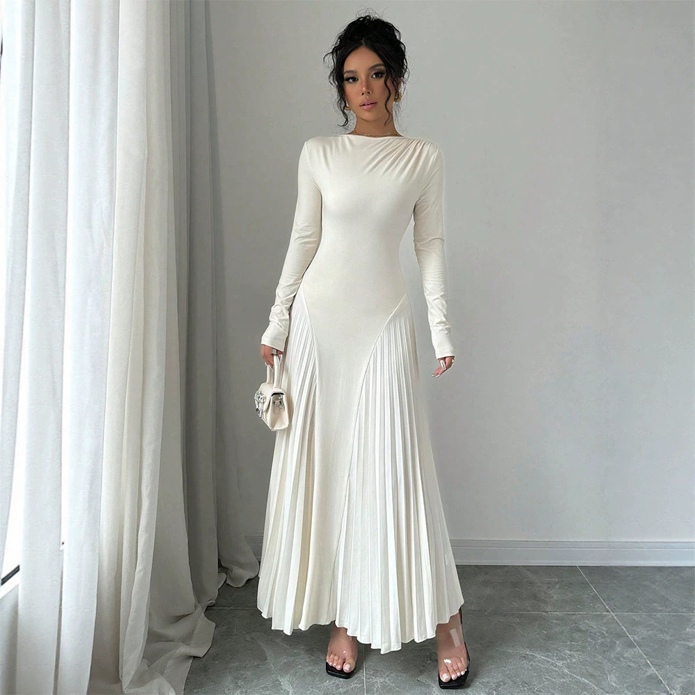Long Sleeve Pleated Knit Maxi Dress Elegant