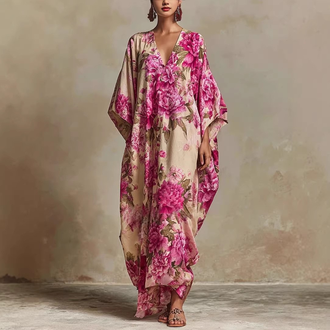 Women's Loose Floral Print Long Dress V-Neck Bell Sleeve