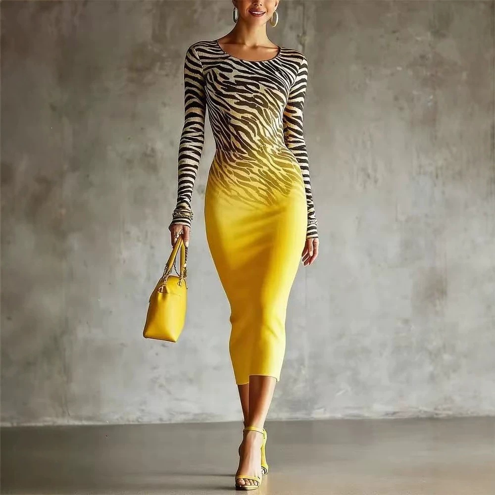 Gradient Zebra Print Long Sleeve Bodycon Midi Dress