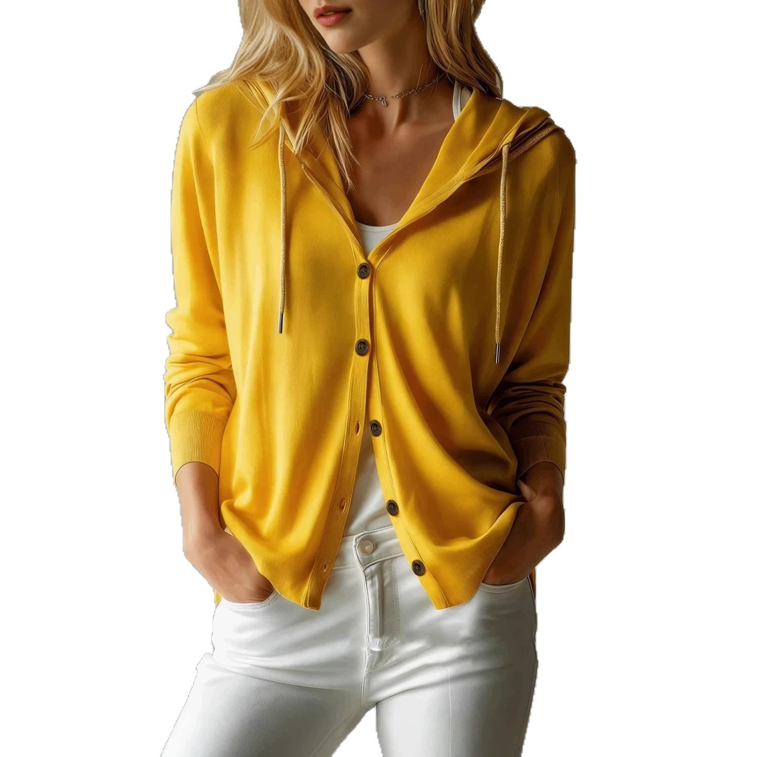 Women's Hooded Knit Cardigan Sweater Solid Color Long Sleeve Loose Fit