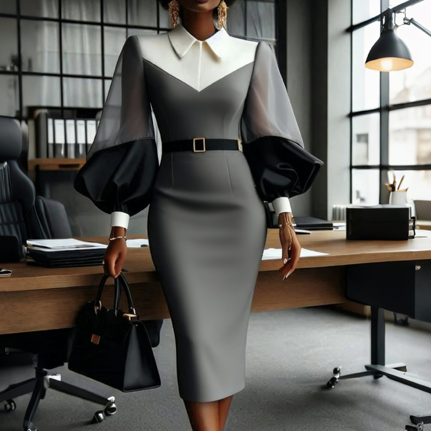 Gray Knit Long Sleeve Midi Dress with Belt