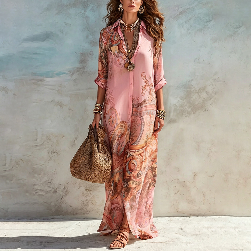 Women's Summer Floral Print Long Sleeve A-Line Maxi Dress