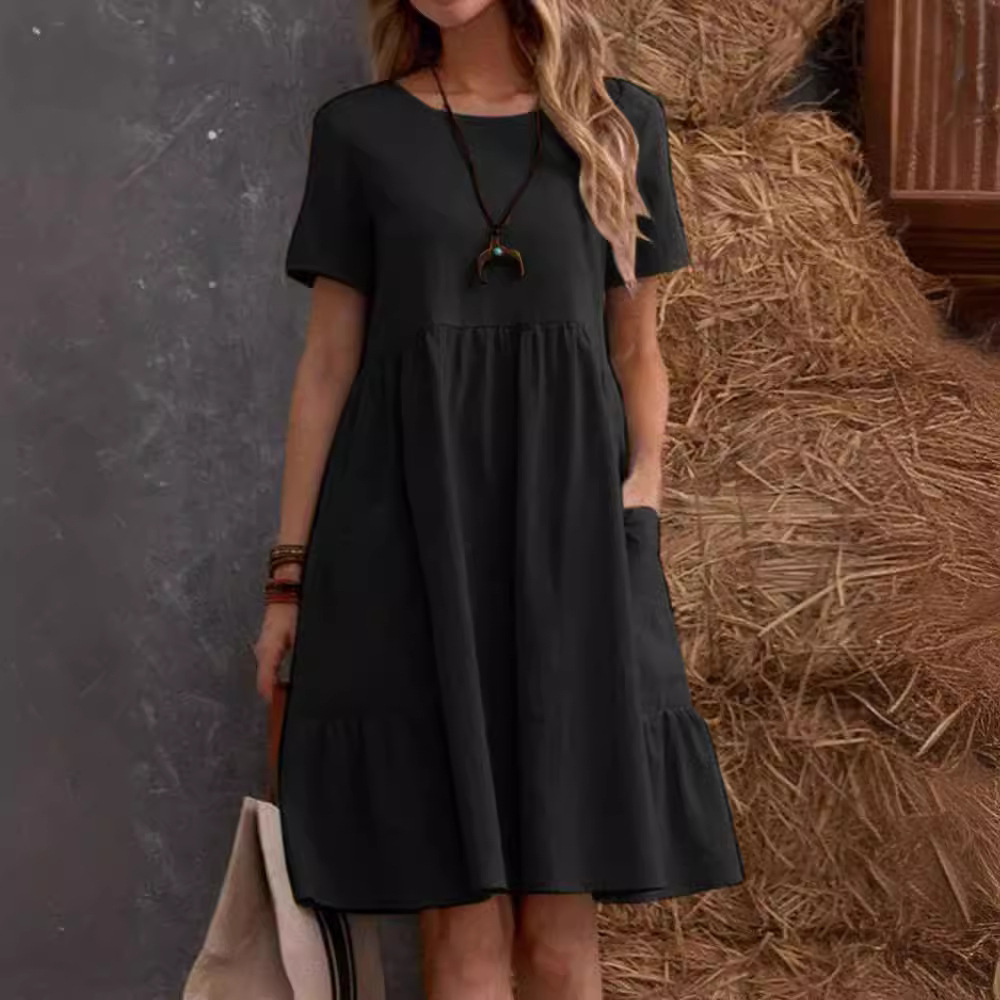 Women's Vintage Loose Solid Crewneck Cotton Dress with Pockets