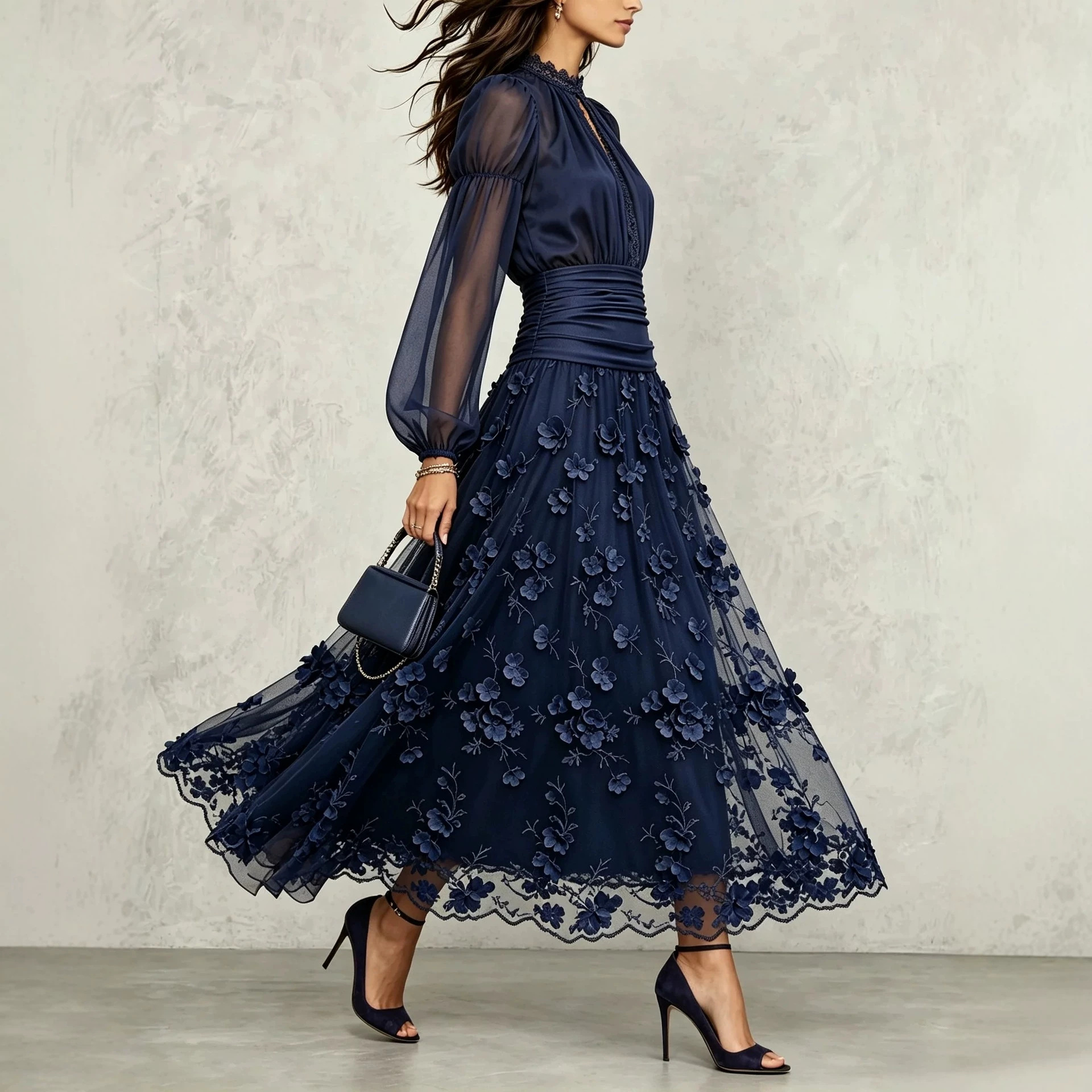 Navy Tulle 3D Floral Long Dress with High Neck Puff Sleeves and Waist-Cinching