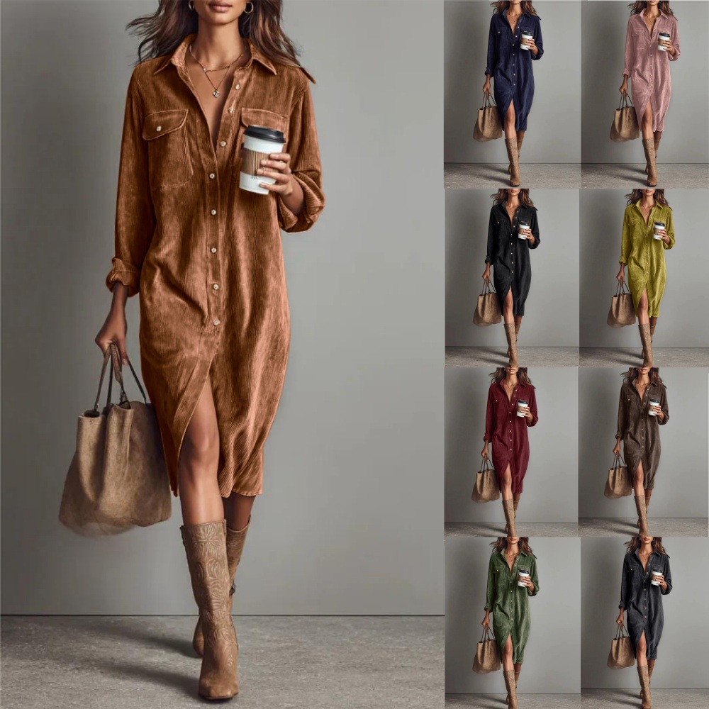 Corduroy Long Sleeve Collared Loose Midi Dress