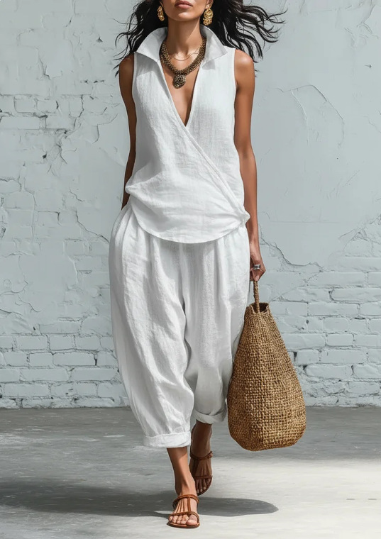 Women's Linen-Blend Collared Shirt and Wide-Leg Pants Two-Piece Set