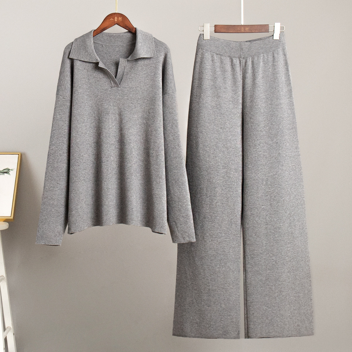 Polo Neck Knit Sweater and Wide-Leg Pants Two-Piece Set